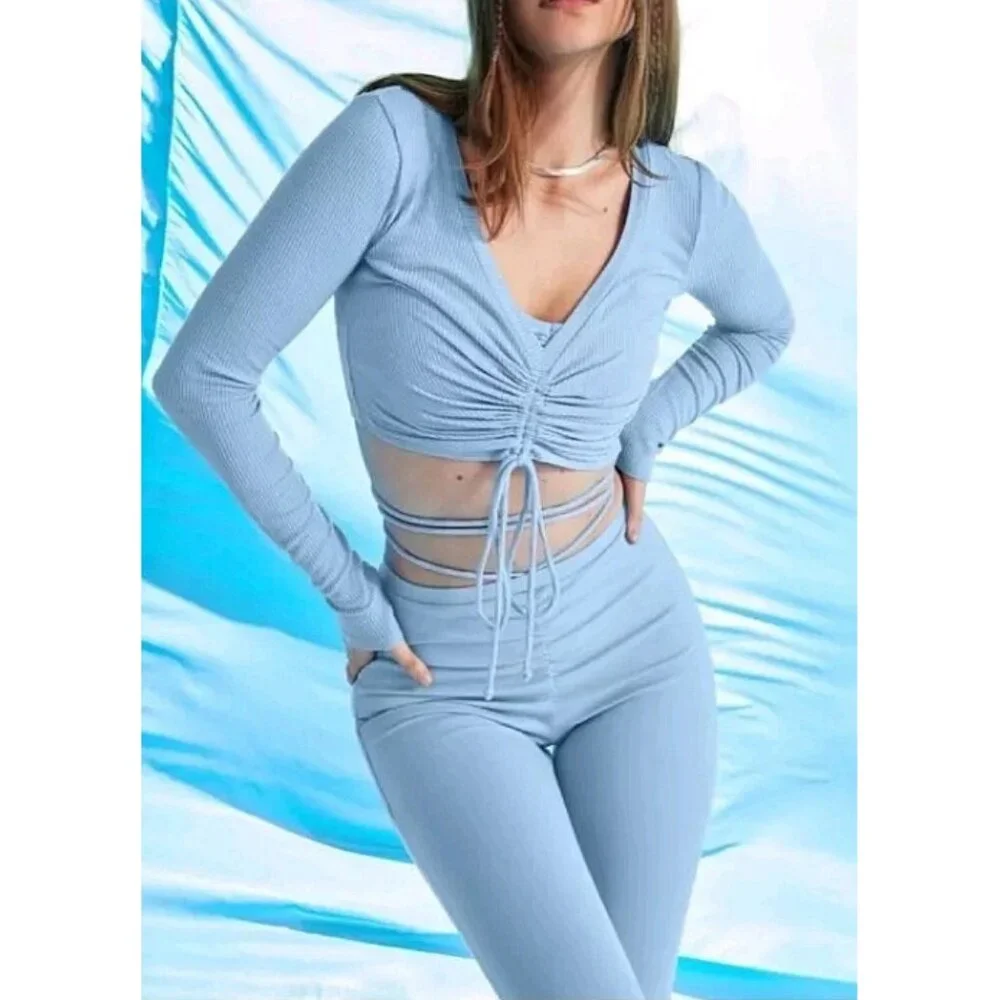 Alo Airbrush High-Waist Cinch Flare Legging Tile Blue Tie-Up Corset Lace Hi-Rise